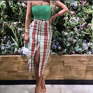 Zara Plaid Tweed Front Split Skirt
